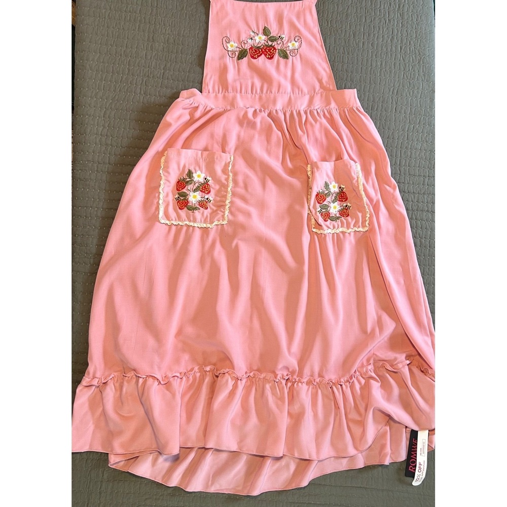 Romwe Cottagecore Strawberry Embroidered Pinafore Dress 1XL Pink Coquette Plus